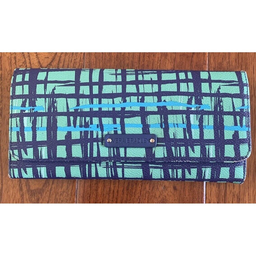 Vera Bradley Trifold Wallet Teal/Navy Blue Art Plaid Large Organizer Clutch
